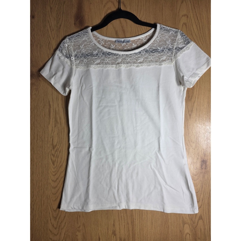 Zara T-Shirt Women M White Floral Lace Yoke Short Sleeve Slim Crew Neck Top